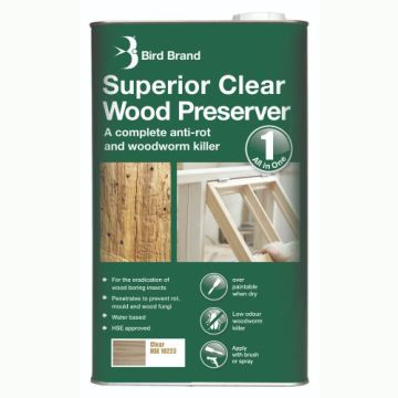 Bird Brand 5Ltr Clear Anti-Rot & Woodworm Killer Complete