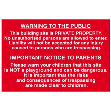 Building Site Warning To The Public Sign 600 x 400 Sca4251 
