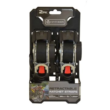 Centurion Retractable Ratchet Tie Down 600kg 3m (Twin Pack)