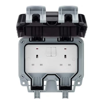 2 Gang Grey Ip54 Weatherproof Unswitched Socket 13 Amp JF214D 